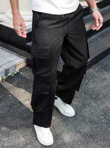 Manfinity Homme Plus Size Men's Solid Color Front Tie Pocket Casual Pants