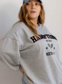 Aralina Sudadera de cuello redondo de manga larga con diseño gráfico de felpa gris talla grande Hamptons Tennis Curve