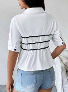 Chiquease Blusa holgada de manga corta con volantes y encaje contrastante para mujer - Blanco - Ver 2