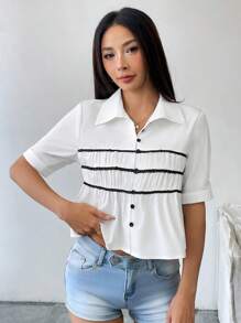 Chiquease Blusa holgada de manga corta con volantes y encaje contrastante para mujer - Blanco - Ver 4