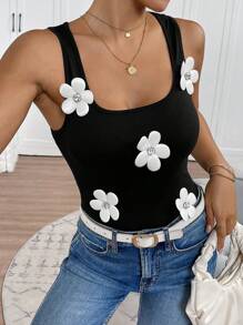SHEIN Unity 女士优雅 3D 花卉修身方领背心 - 黑色 - 查看 6