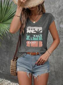 INAWLY Plus Size Vrouwen Palmboom Print V-hals Korte Mouw T-shirt, Voor De Zomer