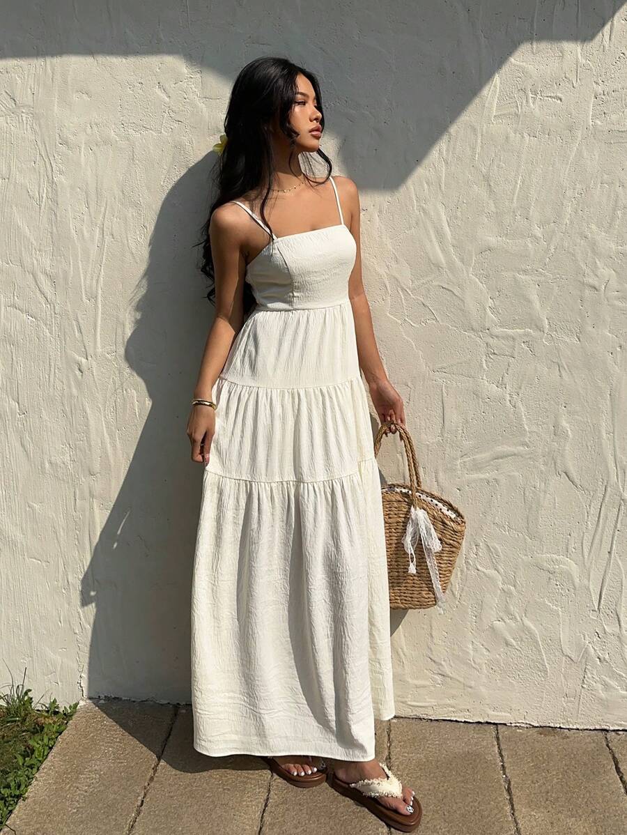 Sunnyshic 浅杏色纹理面料褶皱抹胸宽腰细肩带连衣裙，轻松度假风格 - 杏色 - 查看 1