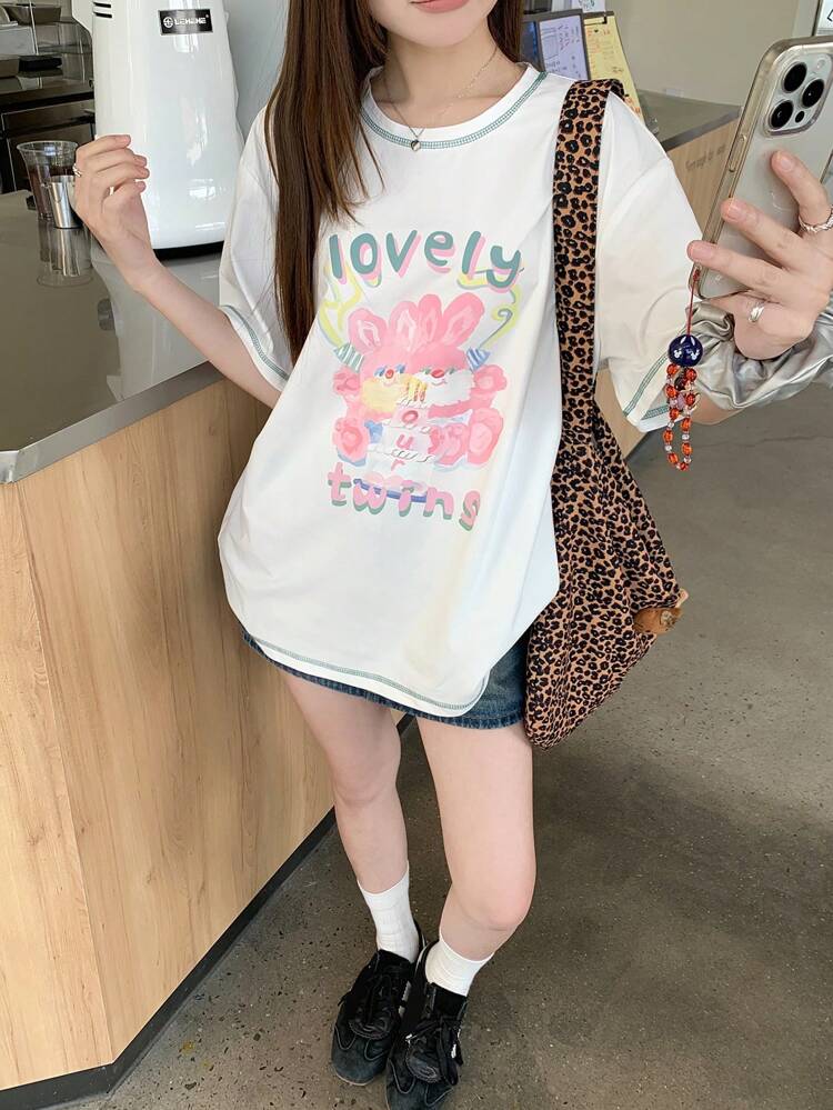 Women's Cartoon Print Round Neck Short Sleeve Simple T-Shirt, Casual Daily Wear Cute Top, Graphic Tee, Teacher