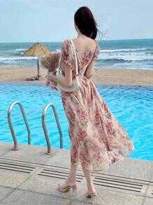 DAZY 女式甜心领系带正面花卉印花长款衬衫裙太阳裙