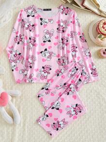 可爱兔子和爱心印花圆领长袖大女孩睡衣