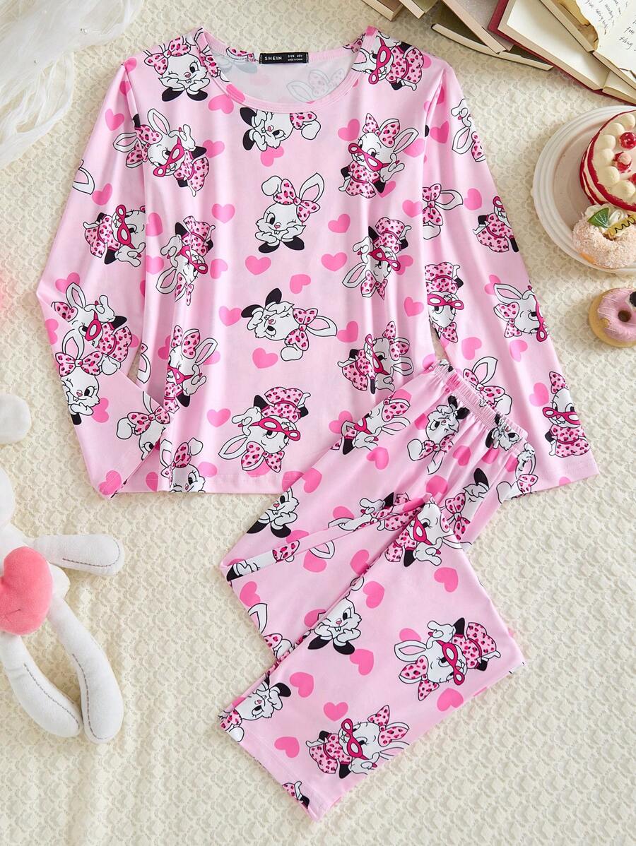 可爱兔子和爱心印花圆领长袖大女孩睡衣