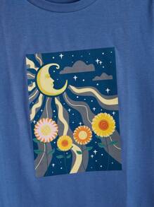 Artlesscauliflower Camiseta de Manga Curta Casual com Estampa Floral e Lua e Sol, Verão - Azul - Visão 4