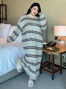 Dazy Plus Camisón de manga larga recta holgado con cuello redondo y rayas, apto para todas las estaciones, talla grande