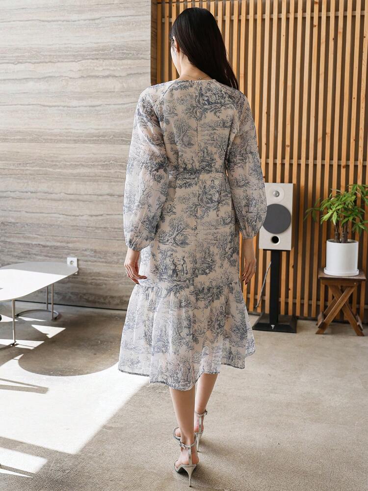 1pc All-Over Floral Print Loose Fit Midi Dress For Women,Fall Dress Long Sleeve Dress