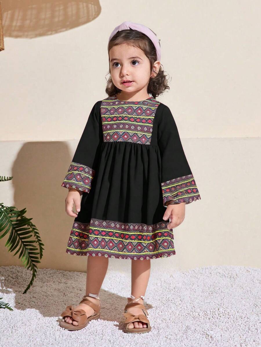 SHEIN Adorable Geometric Pattern Long Sleeve Dress For Baby Girls, Spring/Summer - Black - View 1