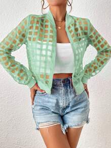 Chiquease Women's Plaid Net Mesh Long Sleeve Casual Baseball Jacket Fall Cloth For Women - Green - View 1