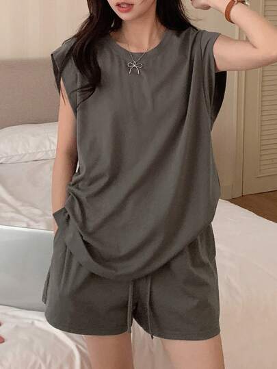 DAZY 2 件套纯色简约无袖上衣和短裤家居服套装女士睡衣