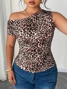 Celure Plus Size Women Leopard Print Asymmetric Collar Top