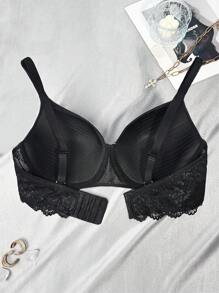 Plus Size Lace Trim Smooth Stripe Underwire Bra Lingerie - Black - View 3