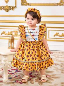 SHEIN Leap Crew 女婴可爱花卉印花夏季度假连衣裙，附赠手提包 - 彩色 - 查看 1