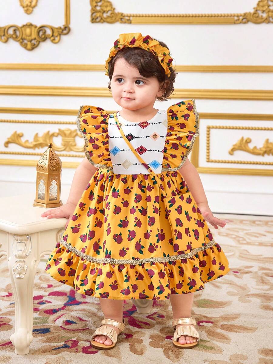 SHEIN Leap Crew 女婴可爱花卉印花夏季度假连衣裙，附赠手提包 - 彩色 - 查看 1