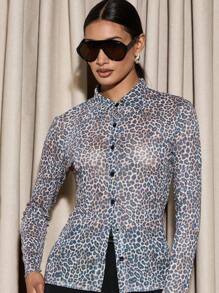 AiiRZ Leopard Long Sleeve Sheer Shirt - Brown - View 3