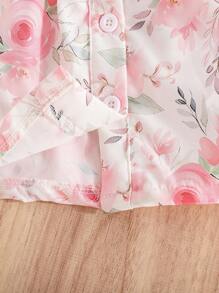 SHEIN Vintaside Kids 2 件套婴儿/女宝宝格子和花卉印花盖袖纽扣休闲连衣裙，甜美夏日度假装 - 粉色 - 查看 6