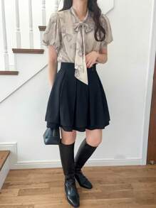 FRIFUL Women's Bowknot Ditsy Floral Blouse With Puff Sleeves, Tie Neckline, Elegant Design For Summer