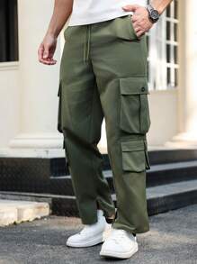 Manfinity Homme بنطلون كاجوال للرجال كبار الحجم بلون واحد مع جيب وربطه أمامي - أخضر عسكري - مشاهدة 5