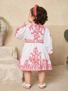 SHEIN 女婴夏季花卉印花长袖度假连衣裙 - 紅白色 - 查看 2