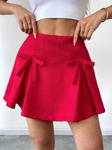 Chiquease 女士优雅A字蝴蝶结荷叶边迷你裙，梭织面料，休闲可爱，显瘦，适合庆典、情人节、返校季，纯色 - 紅色 - 查看 3