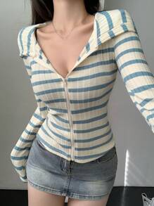 DAZY Women's Simple Striped Zip-Up Hoodie, Casual Daily Wear Long Sleeve Women Tops - Blue - View 6