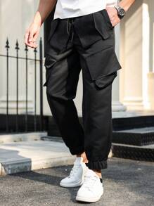 Manfinity Homme Plus Size Men's Front Lace-Up Pocket Simple Design Casual Pants - Black - View 4