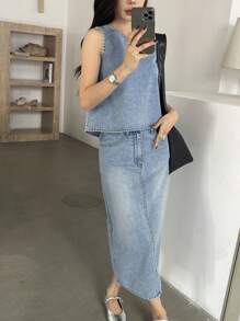 DAZY 女士水洗牛仔宽松背心和裙子套装 - 中等水洗藍 - 查看 4
