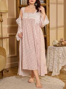 2件套加大码碎花蕾丝拼接吊带连衣裙和睡袍睡衣套装，秋冬服装