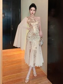 DAZY Vestido midi con escote asimétrico con volantes, falda de sirena y parches de lentejuelas para mujer, vestido de fiesta, vestido formal, vestido de manga larga para otoño, vestido elegante de lujo para mujer, nuevo atuendo de Año Nuevo, vestido brillante de carnaval - Albaricoque - Ver 8