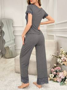 SHEIN Solid Color V-Neck Contrast Lace Waist Tied Short Sleeve Pants Women Pajama Set - Grey - View 2