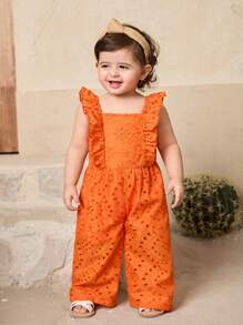SHEIN Newborn Baby Girl Cute Holiday Embroidery Ruffle Trim Jumpsuit Summer - Orange - View 5