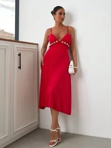 SHEIN Cottnline Leather Tie Detailed Jacket And Pants Set - Red - View 3