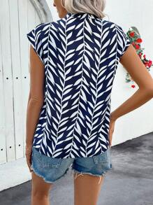 EMERY ROSE Women's Spring/Summer Branch Striped Print V-Neck Batwing Sleeve Shirt - Navy Blue - View 2