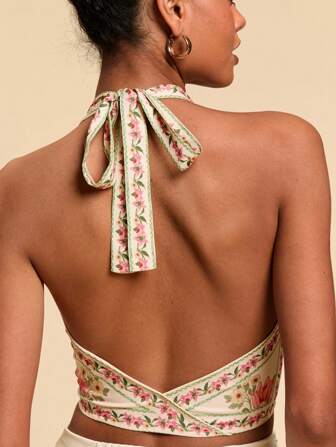 Travachic 女式露背花卉印花性感时尚度假衬衫，女士夏季服装，夏季，女士度假服装，夏季上衣