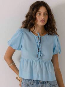 Aralina Schickes Sommer-Urlaubs-Ausgeh-Oberteil mit Puffärmeln, Schleife und geschichtetem Peplum-Bauernhemdsaum