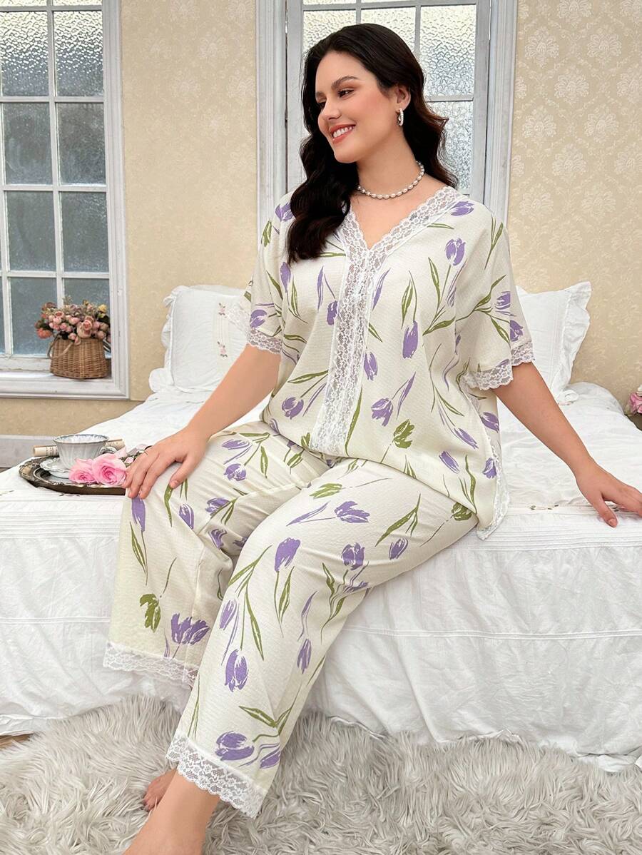 CottageSlumber Plus Size Lace Patchwork V-Neck Floral Print Pajama Set - Apricot - View 1