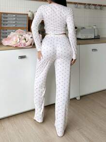 Lace Trim Heart Pattern Sweet Women Pajama Set - Multicolor - View 2