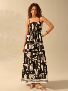 CAJUNI Women's Boho Black And Apricot Printed Holiday Leisure Summer Beach Strap Long Dress