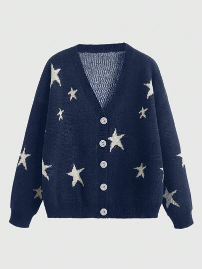 Kawaii Hippie Solid Color Stars & Moon Cardigan For Women
