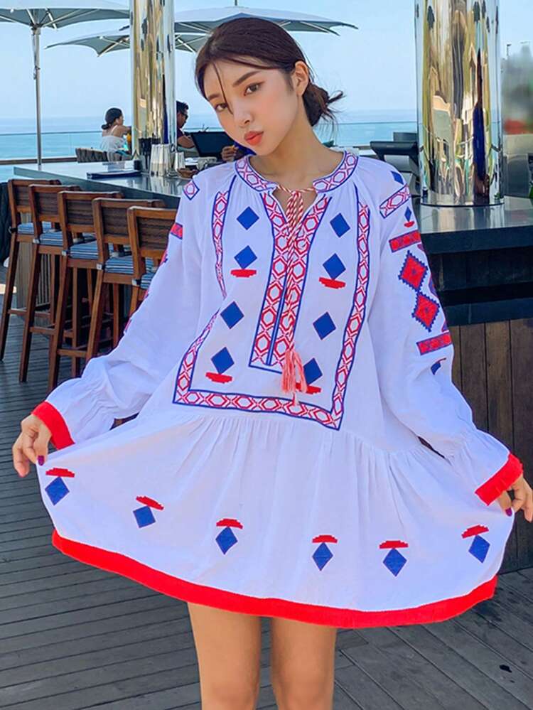 Women's Floral Retro Print Loose Beach Dress,Mini Dress