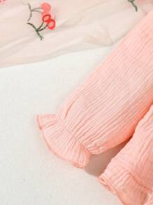 2 件装女婴粉色睡衣套装，可爱优雅休闲荷叶边领披肩长袖裤子家居服 - 粉色 - 查看 4