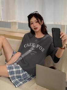 DAZY 2pcs Women's Loose Plaid Shorts Sleepwear Set With English Letter Print Pajama - Grey - View 4