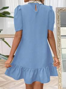 SHEIN LUNE Women Faux Pearl Decor Casual Short Sleeve Mini Dress - Blue - View 2