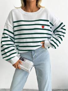 SHEIN Cottnline 条纹与心形图案落肩毛衣 - 綠色 - 查看 3
