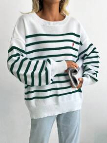 SHEIN Cottnline 条纹与心形图案落肩毛衣 - 綠色 - 查看 4