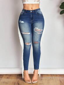 SHEIN SXY Jeans de talle bajo rasgados para mujer, nueva moda de verano con flecos laterales, pantalones vaqueros elásticos sexy y ajustados. - Azul - Ver 7
