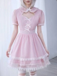 ROMWE Kawaii Women's Solid Color Patchwork Bow Decor Cute Lolita Style Mini Dress - Pink - View 5